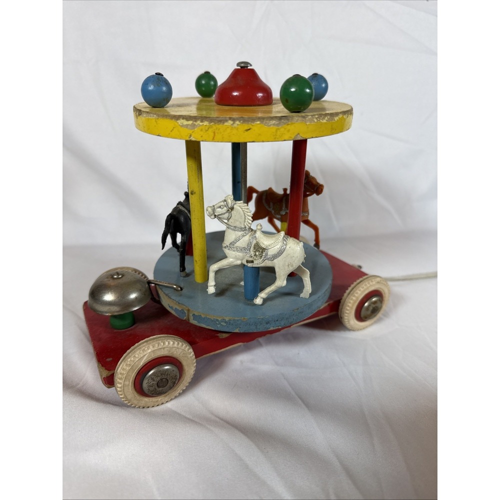 Vintage 1960s Brio Wood Carousel/Merry-Go-Round Children's Pull Toy with a Bell